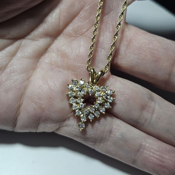 Gold Tone Clear Rhinestone Heart Shaped Pendant Necklace 19" - Picture 2 of 13